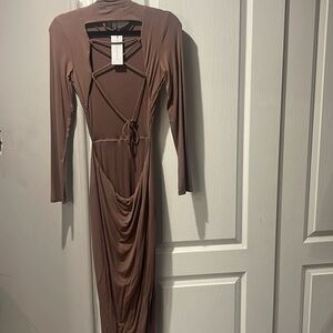Open Back Mock Neck Midi Dress Deep Taupe